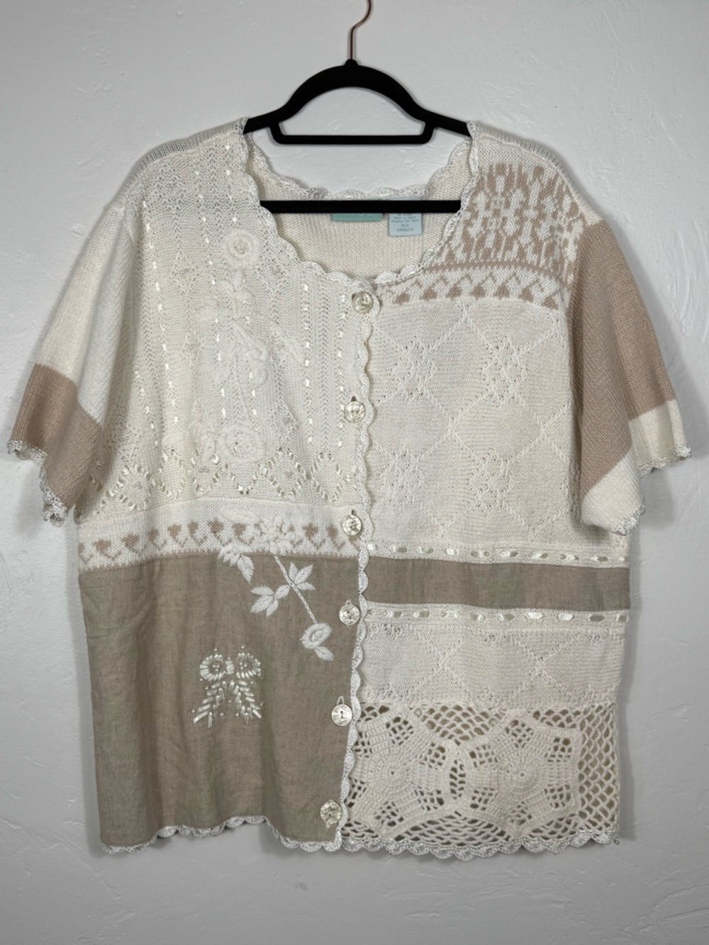 220 Hickory Ivory Ecru Patchwork Knit Button-Up Cardigan XL Cottage Coastal NWT